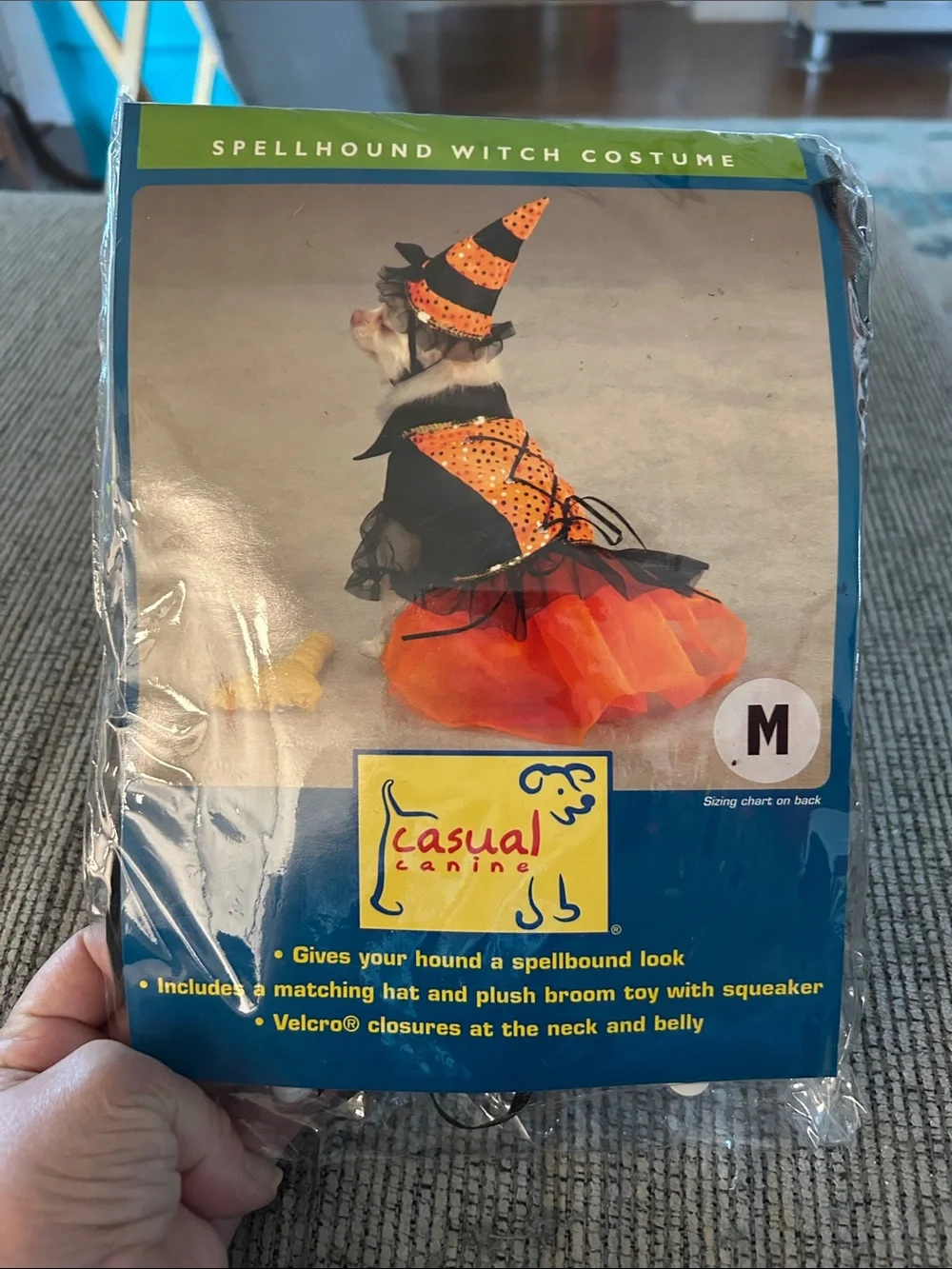 Dog Witch Halloween costume NEW witch hat, plush broom toy with squeaker