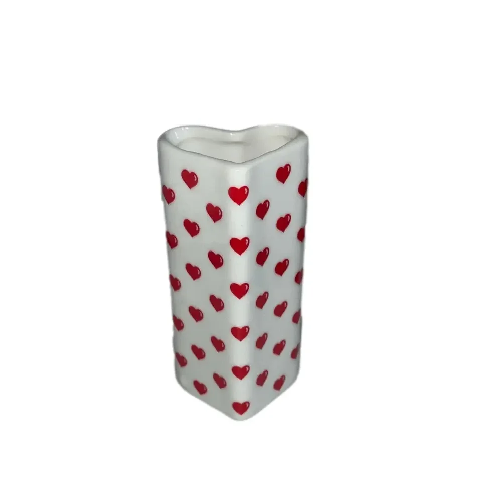 vintage small porcelain red Heart Patterned White Vase