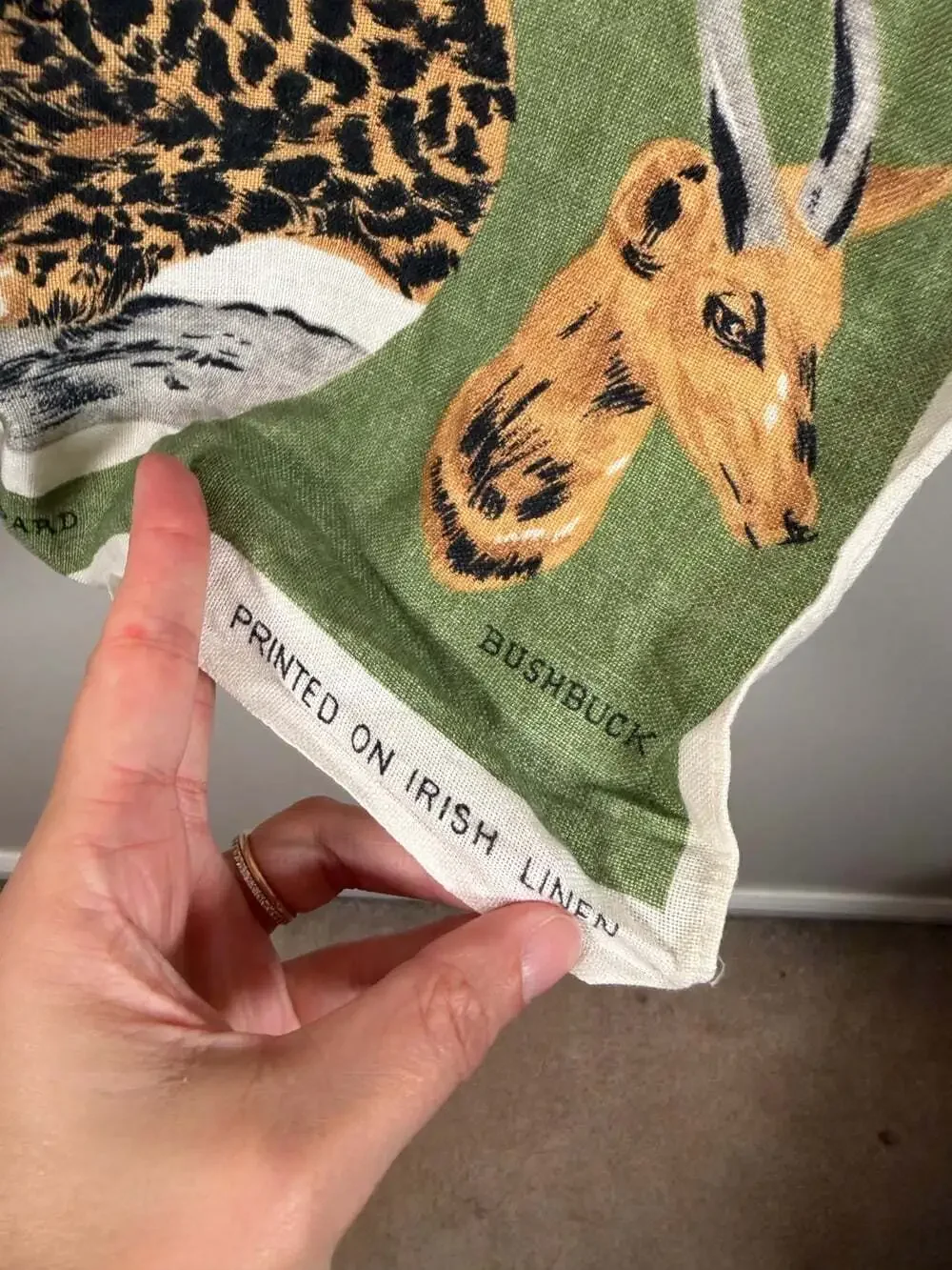 Vintage Irish Linen Tea Towel African Safari Wildlife Lion Leopard Buffalo