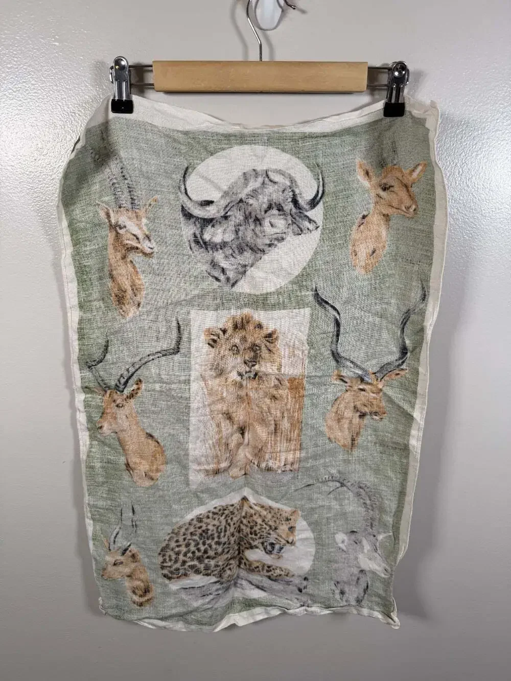 Vintage Irish Linen Tea Towel African Safari Wildlife Lion Leopard Buffalo
