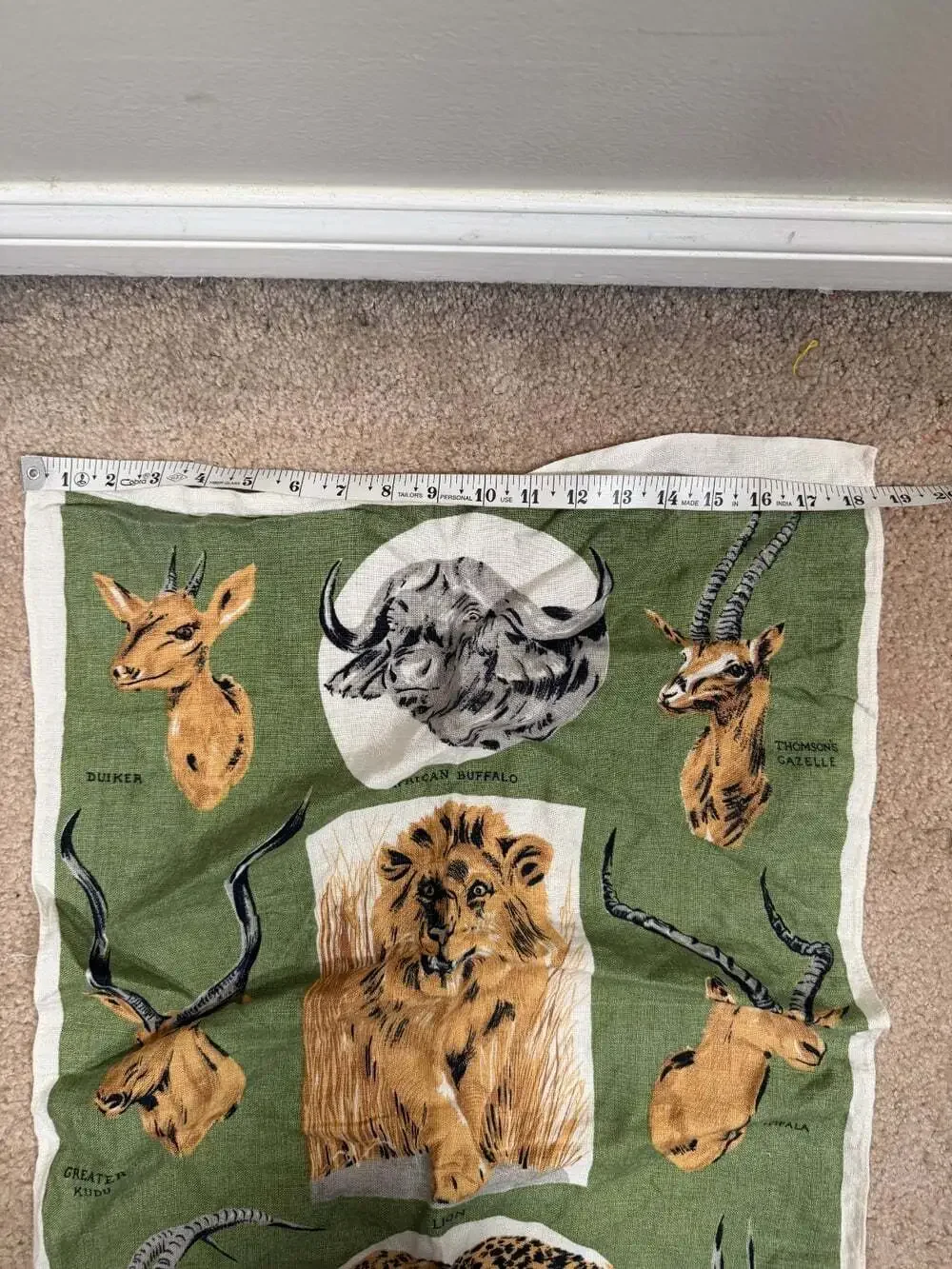 Vintage Irish Linen Tea Towel African Safari Wildlife Lion Leopard Buffalo