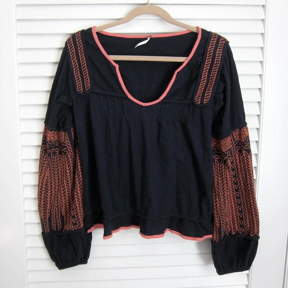 Free People Boho Peasant Top Bubble Puff Knit Sleeves