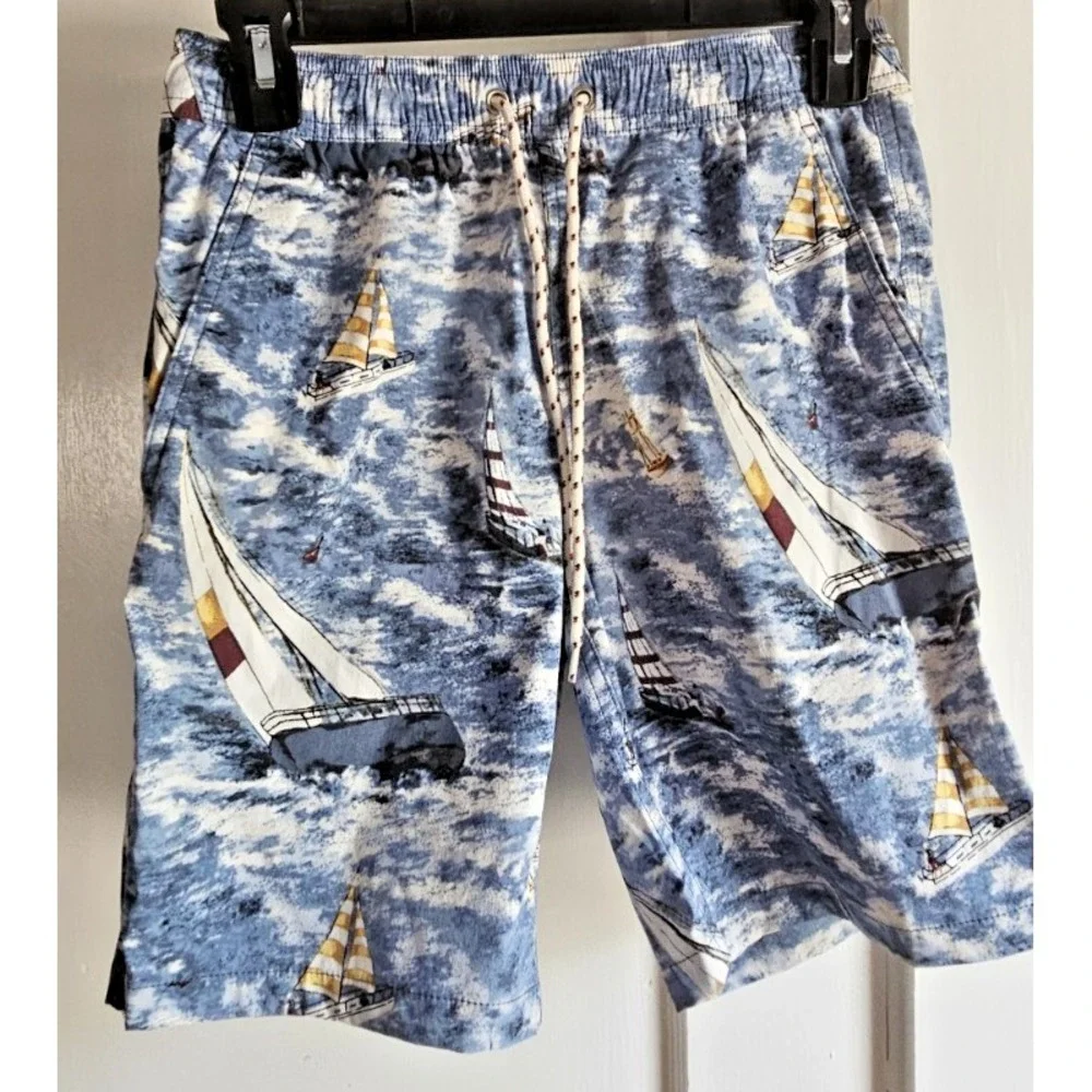 J Crew men Sz XS swim trunks‎ tie waist pockets sailboats NEW