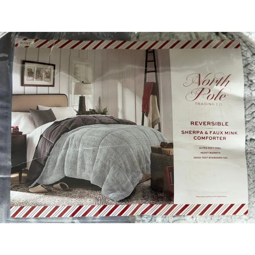 NEW! North Pole Solid Faux Mink To Faux Sherpa Reversible Comforter King Gray