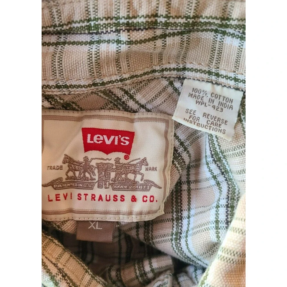Levi Strauss & Co Mens XL Plaid Button Down Shirt Tan Green Long Sleeve Cotton