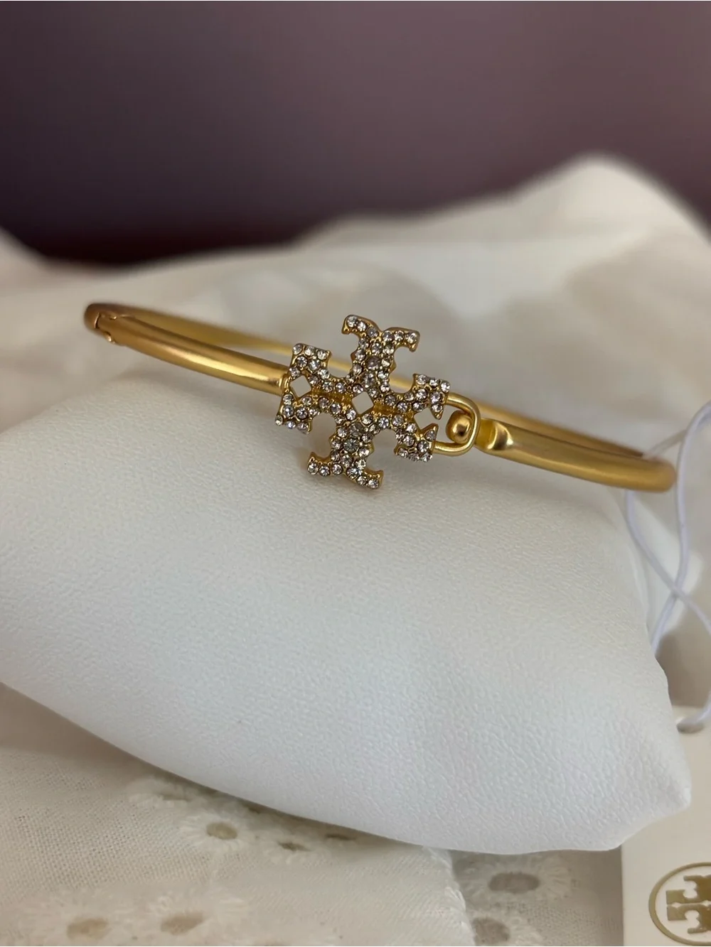 Tory Burch Gold-Tone Crystal Logo Bangle Bracelet