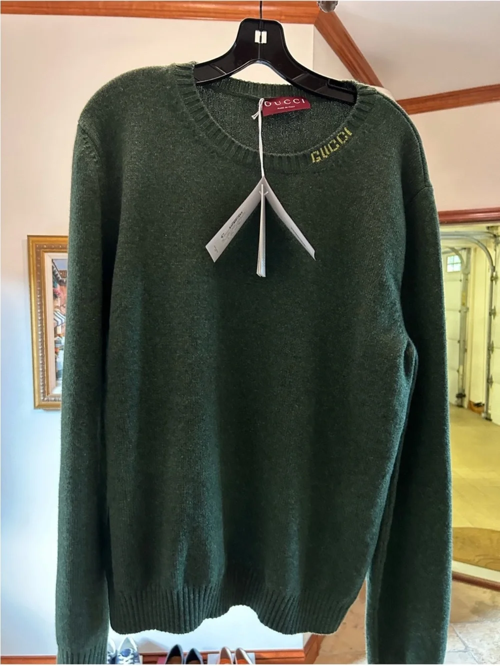 Men’s Gucci, green felted wool crewneck gold logo sweater size XXL made in Italy
