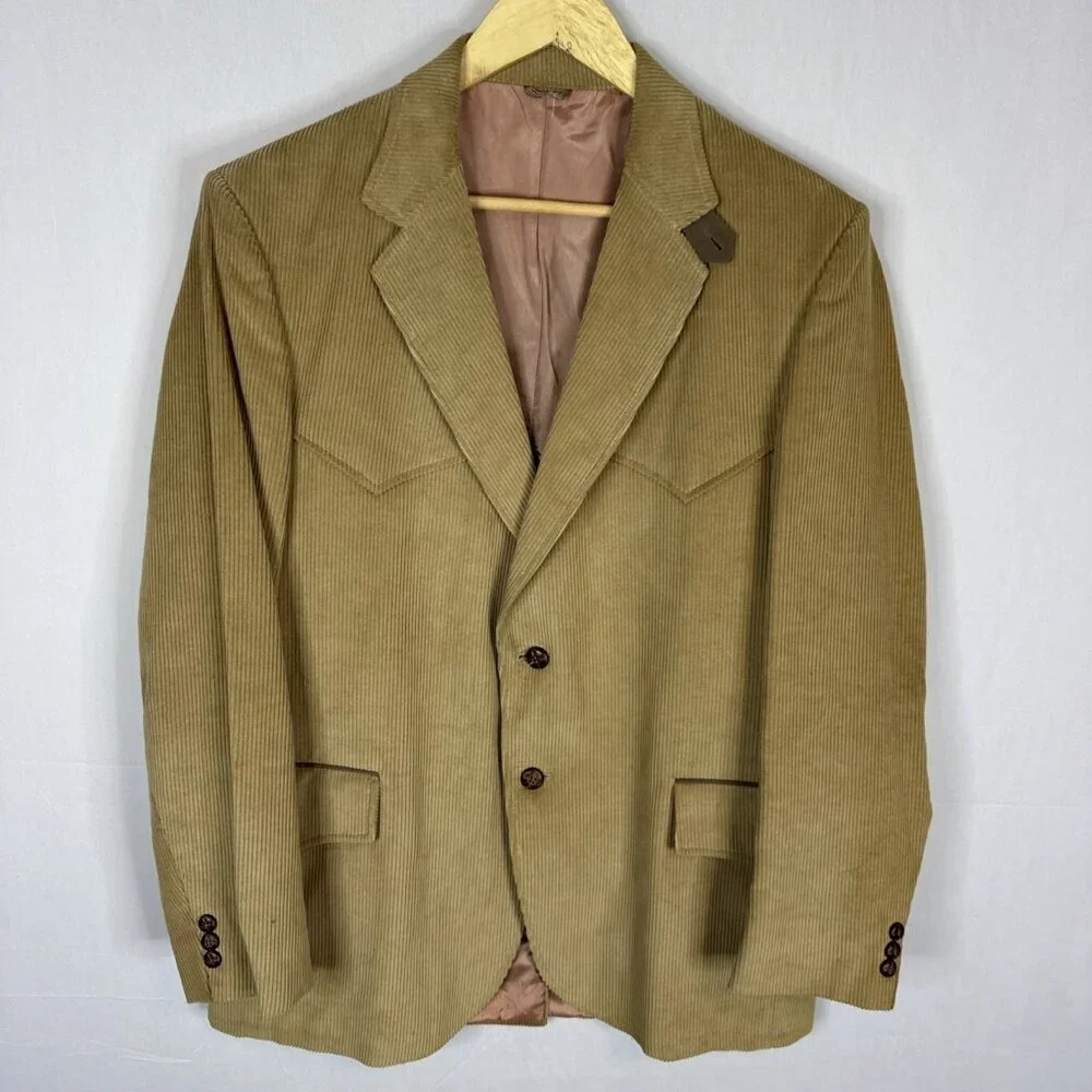 Vintage 1970s Men 42 Harrodale Tan Corduroy Western‎ Rodeo Blazer Sports Coat