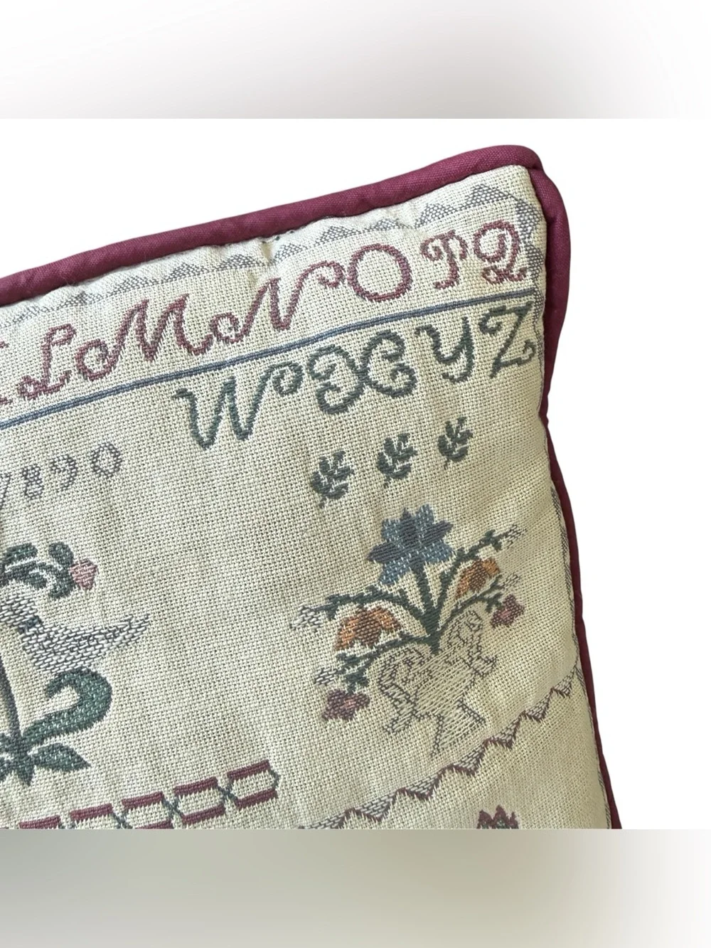 Vintage Folk Art Sampler Tapestry Pillow Cottagecore Grandmillennial Bunny Decor