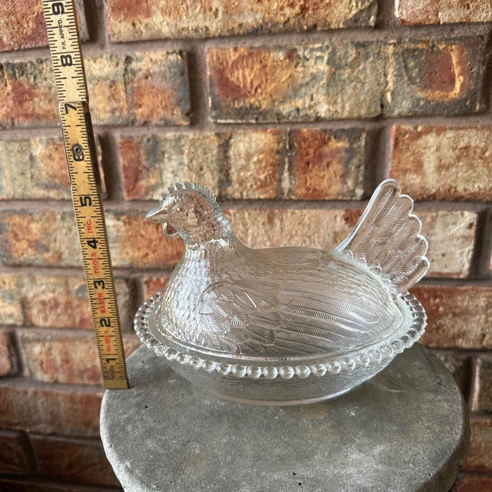 Vintage Clear Indiana Pressed Glass Hen on Nest Covered Candy Dish Beaded Rim