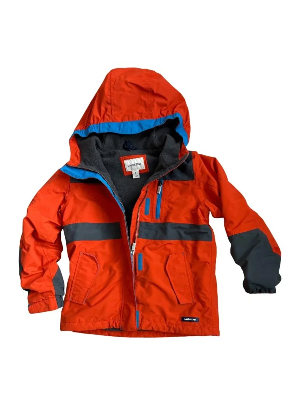 Lands End Jacket Boys Size Small / 8 Insulated Parka Orange Hooded Waterproof