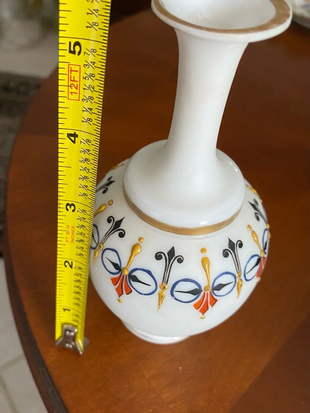 Vintage Bohemian Hand Painted White Opaline Milk Glass Vase Gilt Accent