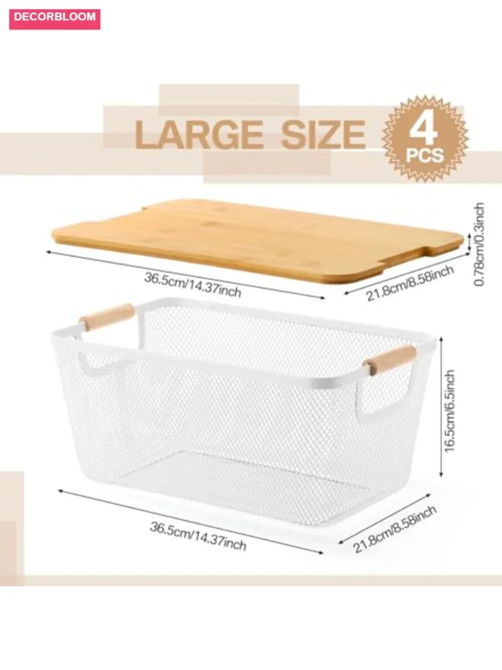 4 Pc Metal Wire Storage Baskets Bamboo Lids Wooden Handles Stackable