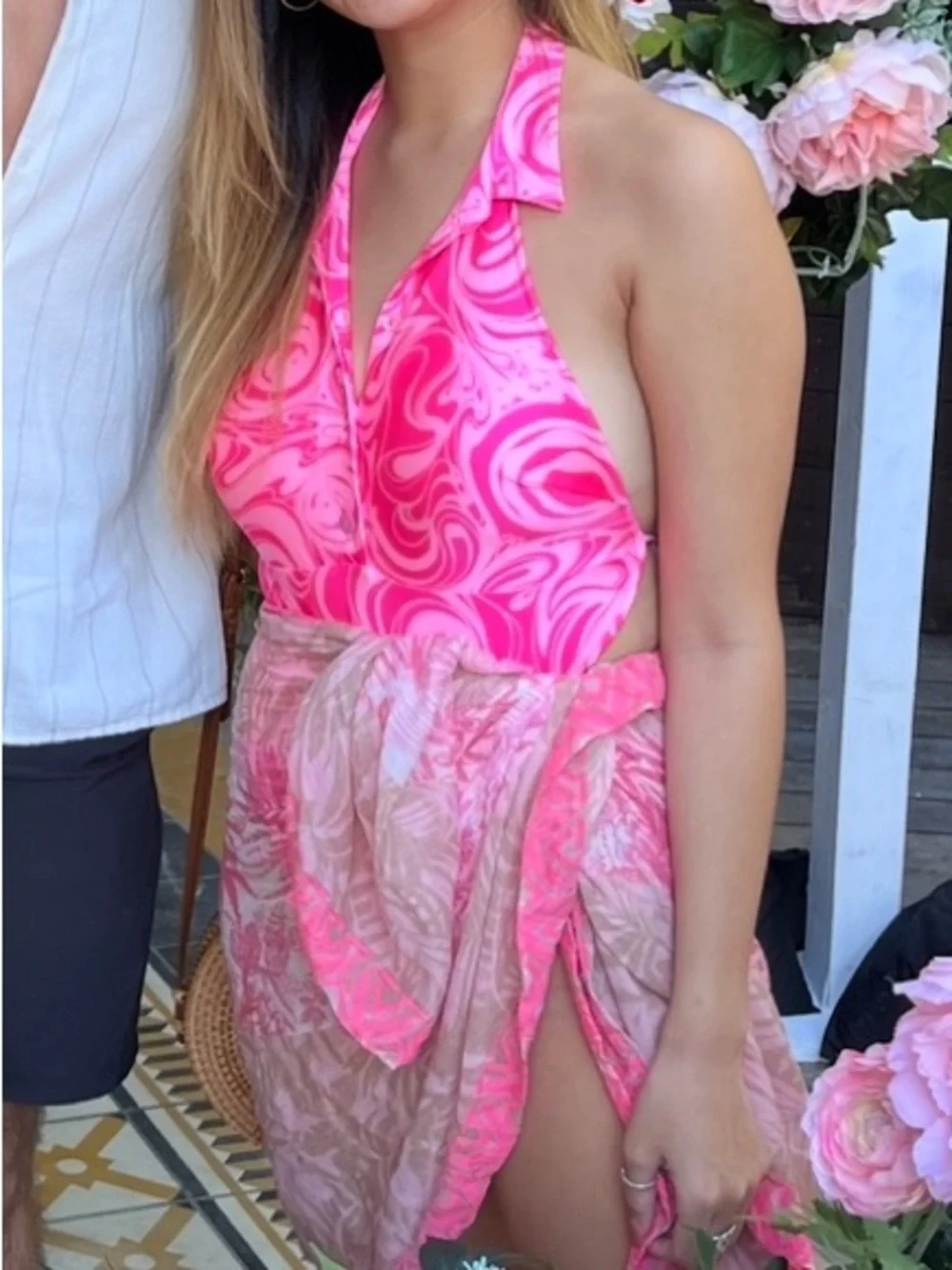 Frankie’s Bikinis Pink Swirl Halter One-Piece Swimsuit