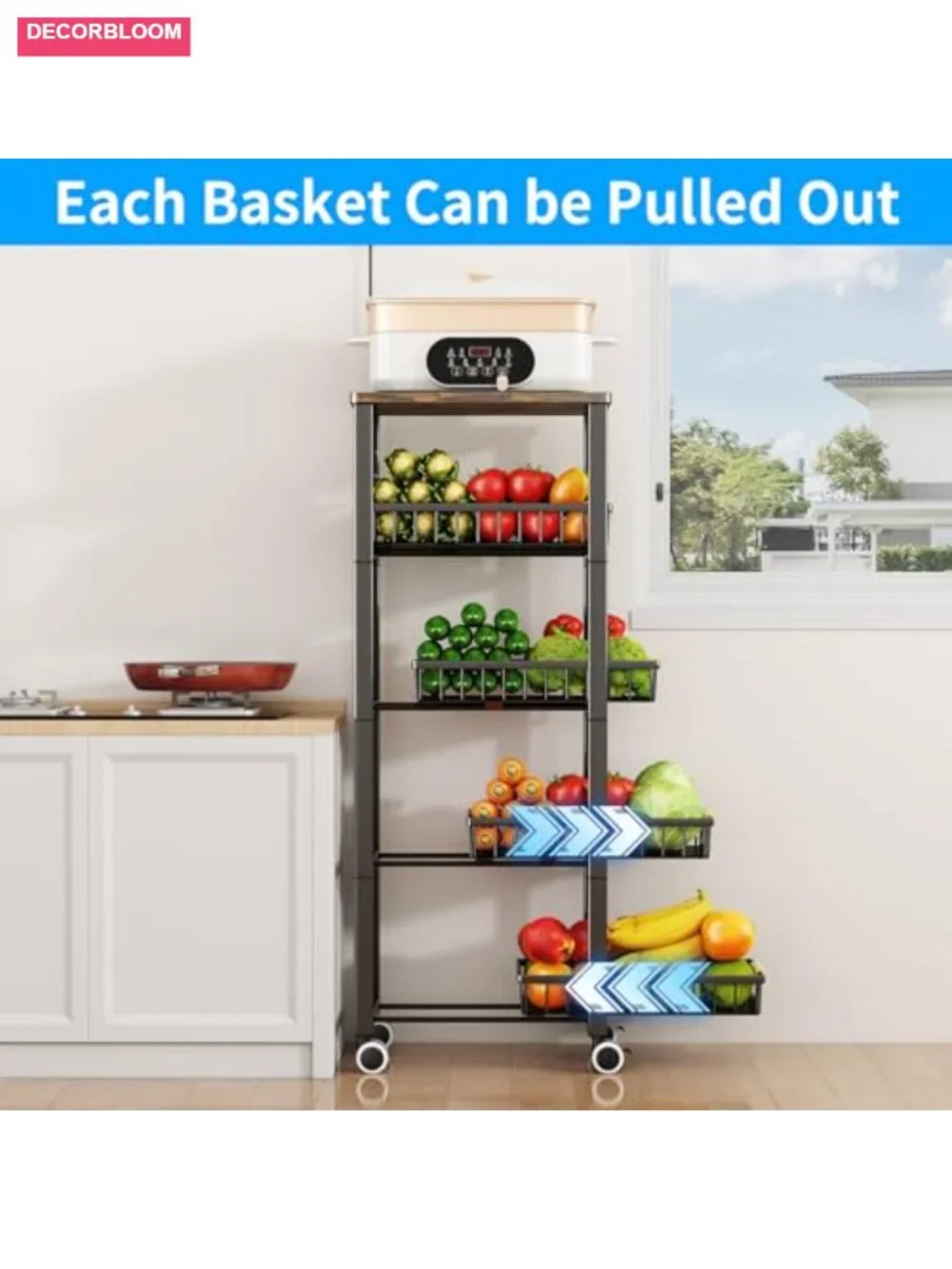 5-Tier Metal Wire Basket Cart Wood Top Pull-Out Baskets with Mats & Wheels