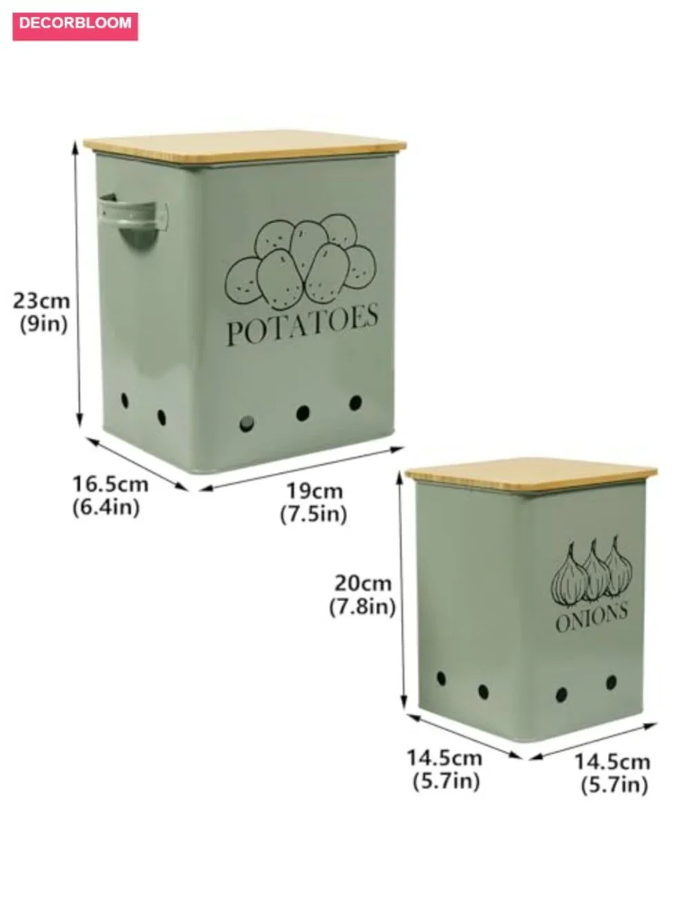 Metal Potato Onion Storage Bin Set with Wooden Lid Slicer Cutter