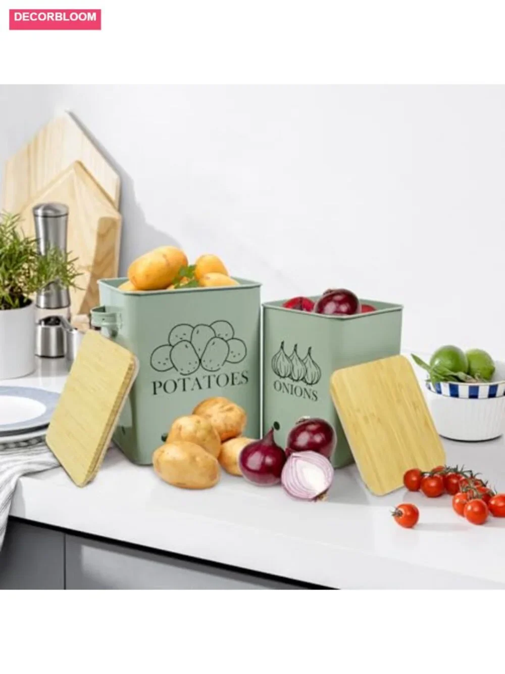 Metal Potato Onion Storage Bin Set with Wooden Lid Slicer Cutter