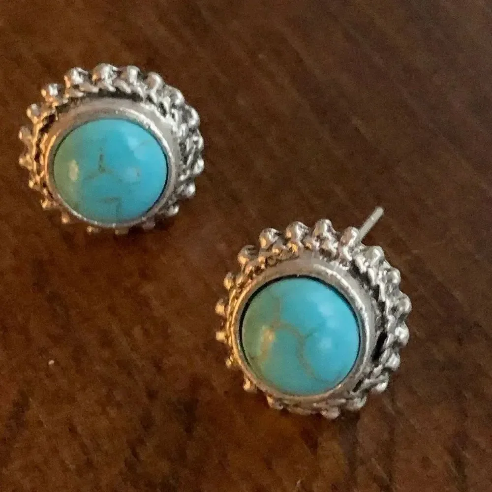 Men’s Western Turquoise Stud Earrings Southwest Indian Style Boho Ethnic Tribal