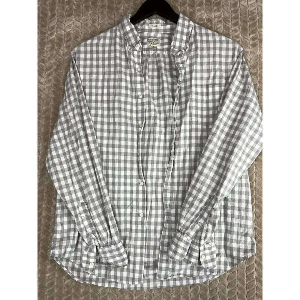 J. Crew Button Down Mens L Gray‎ Gingham Secret Wash Stretch AA265