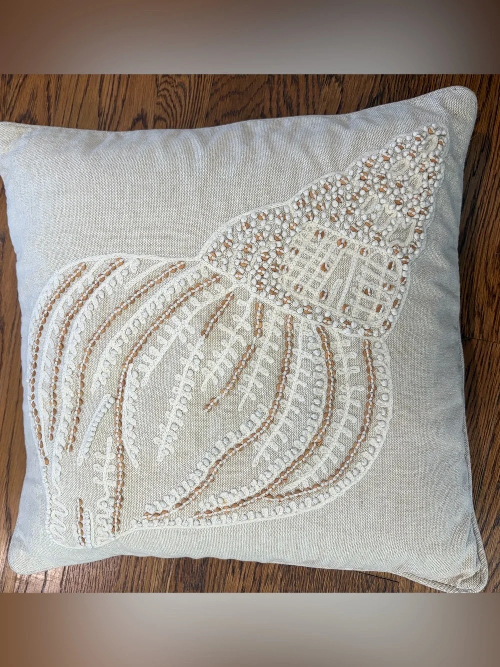 Pottery Barn Coastal Nautical Embroidered Seashell Decor Pillow Cover 18x18 Tan