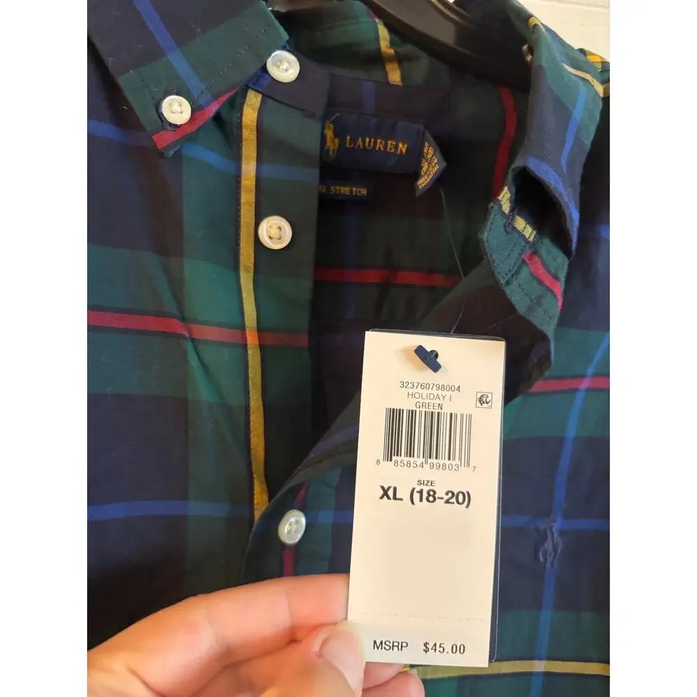 Ralph Lauren Boy Shirt Tartan Plaid Holiday Green Navy Natural Stretch XL 18-20
