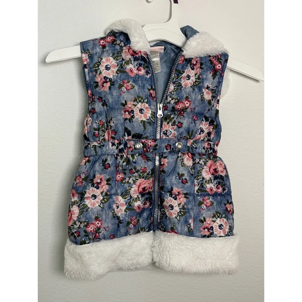 Little Lass Girls Blue Floral Faux Fur Trim Hooded Puffer Vest Size 6X
