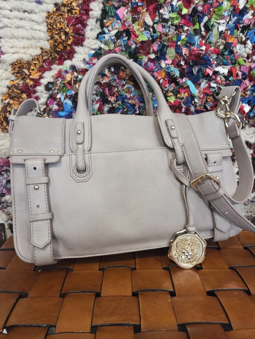Leather Satchel Handbag in Light Taupe