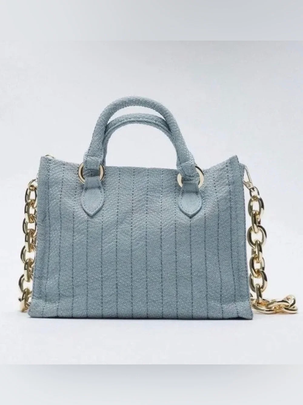 ZARA Light Blue Small Satchel Top Handle Zip Bag Gold Hardware Detachable Strap