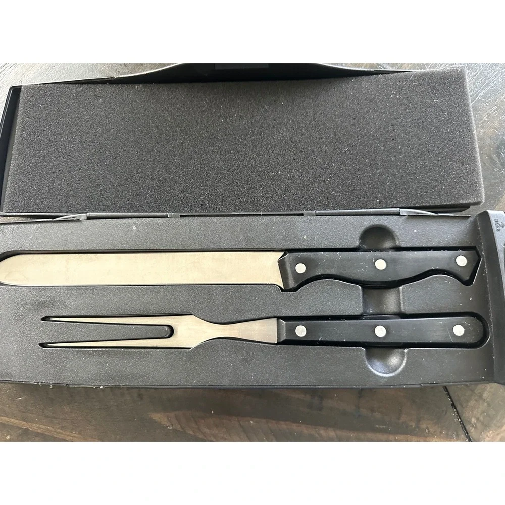 Pampered Chef 2 Piece Carving Set Stainless Steel Knife Fork Built‎ In Sharpener