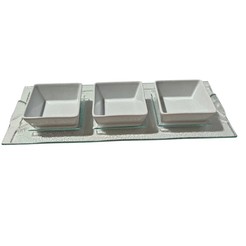 Modern White Ceramic 3 Bowl Server Set with Textured Glass Tray
