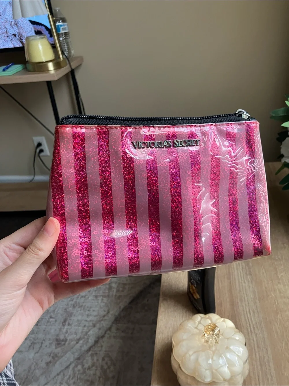 (MAJOR WEAR LOOK AT DESCRIPTION) Victoria Secret Pink Glitter Stripe Makeup Pouc