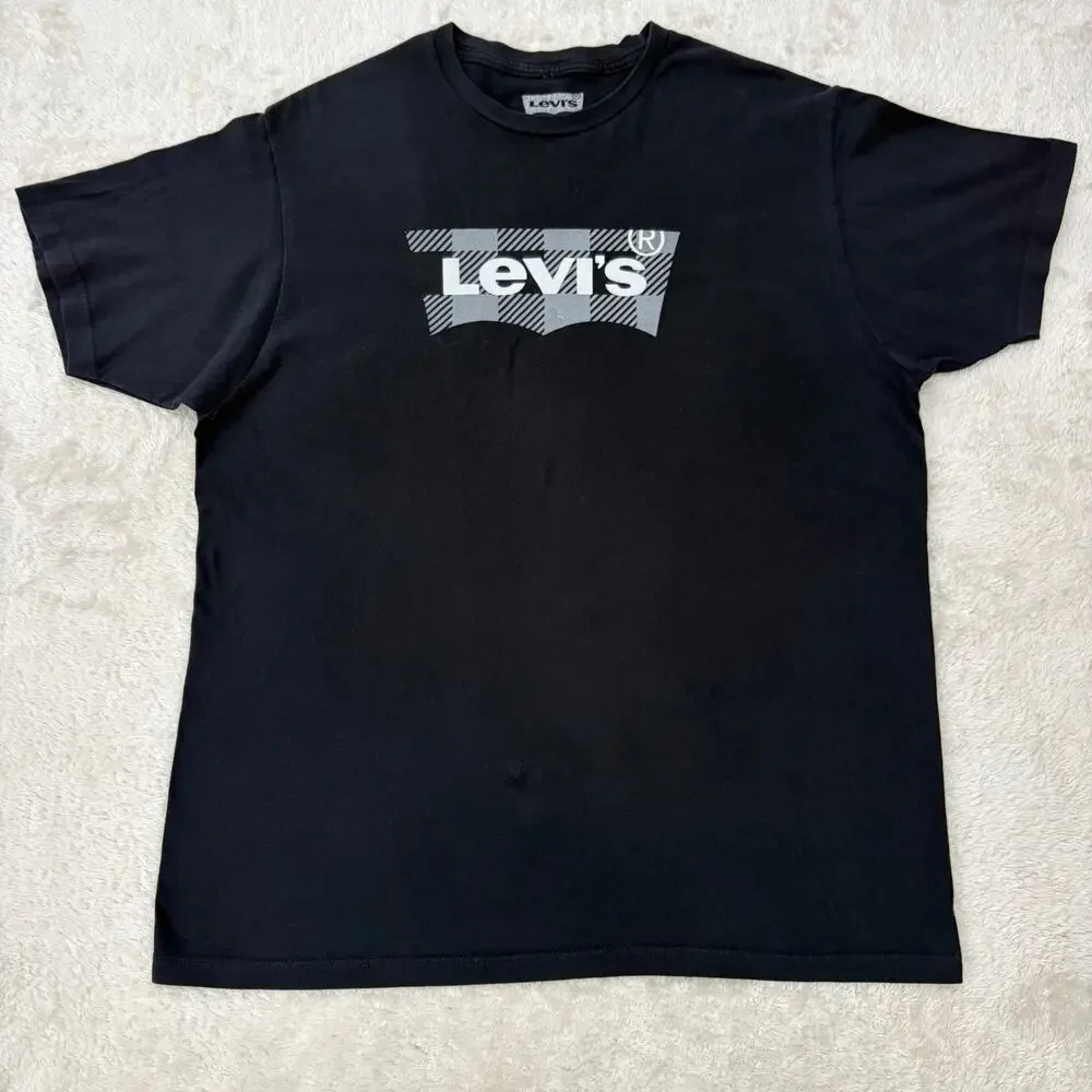 Levis Mens L Black Batwing Logo Graphic T Shirt Plaid Check Short Sleeve Tee