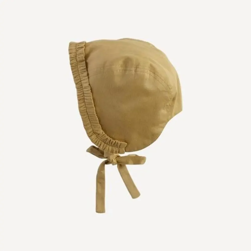NWT Kate Quinn Little Tiny Ruffle Bonnet Honey Mustard Sateen Hat nb newborn
