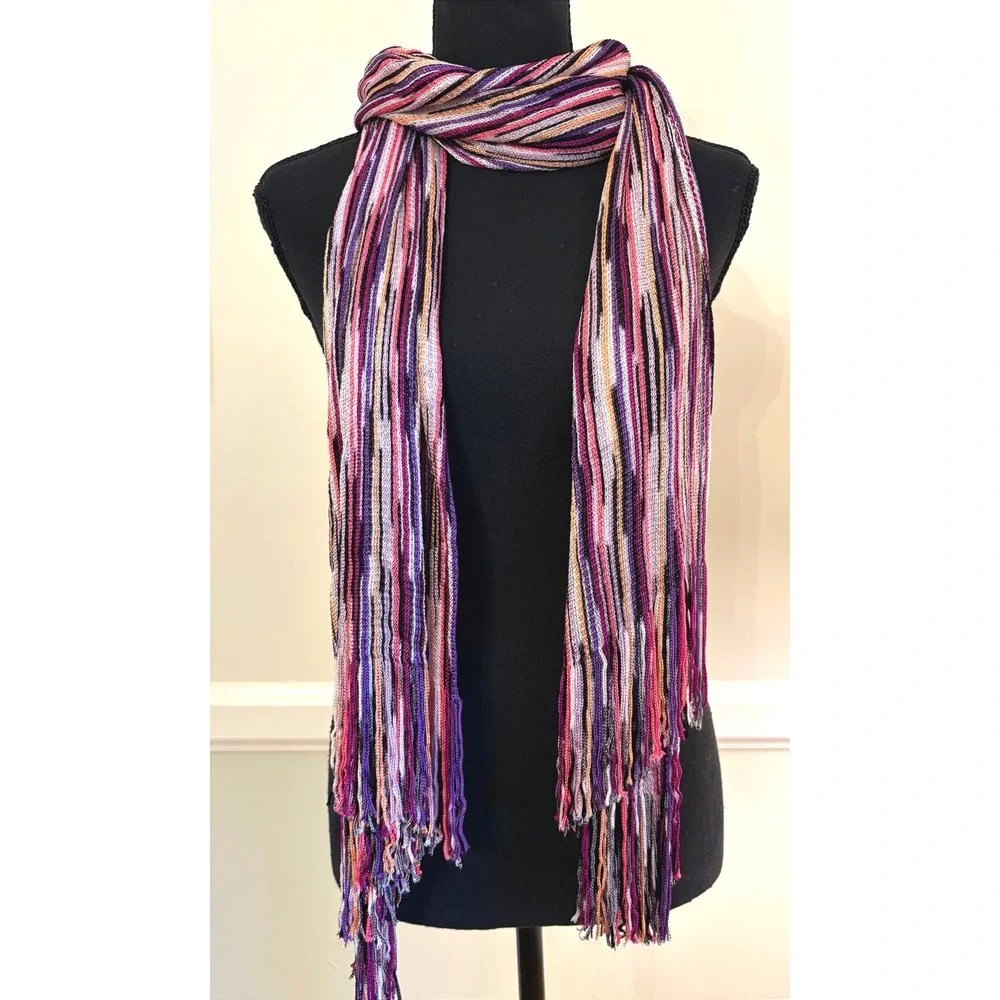 Missoni Brown Label Foulard Space Dye Stripe Fringe Scarf Purple Pink Italy 68