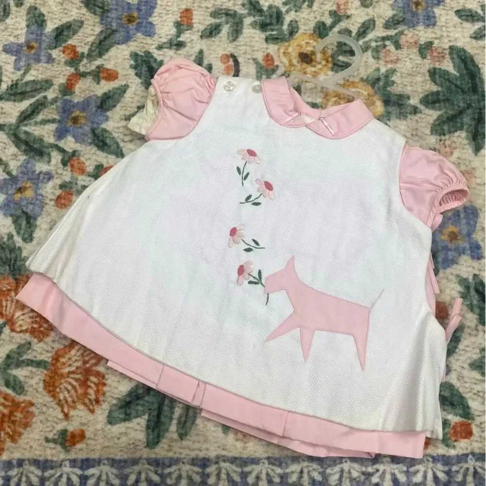 Vintage baby girl apron embroidered floral dress dog 12 months