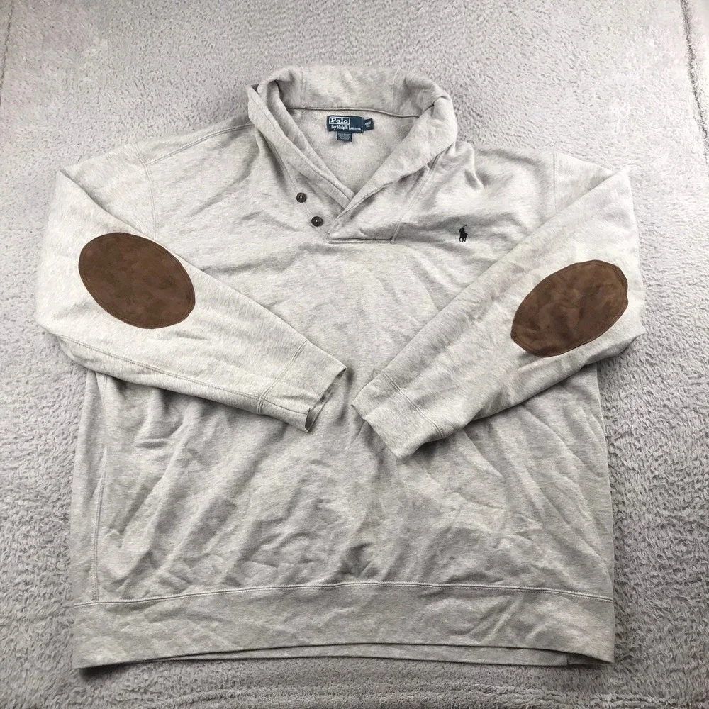 Polo Ralph Lauren Pullover Mens 4XLT Gray Shawl Collar Elbow Patches Sweatshirt