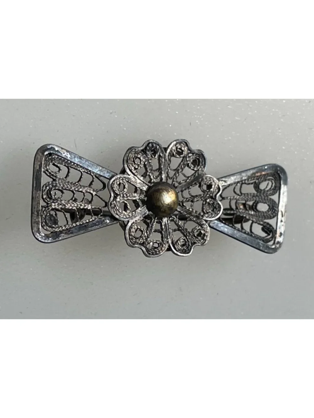 Antique Silver Filigree Bow Brooch Tiered Flower Rosette Ribbon Bar Pin