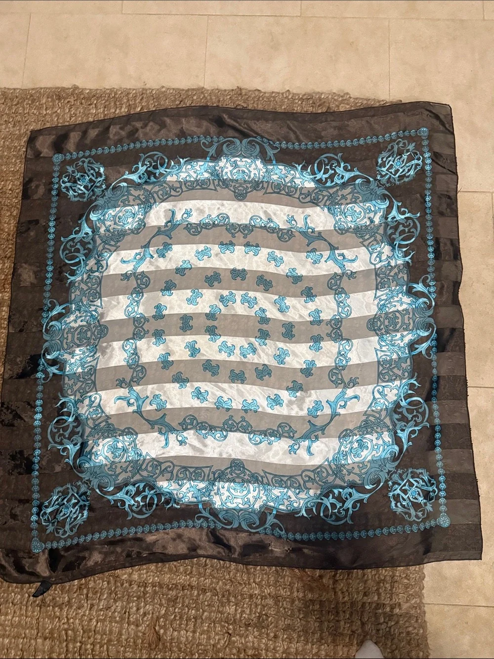 Silk-Feel Black and Turquoise Decorative Scarf - Unbranded LIKE NEW