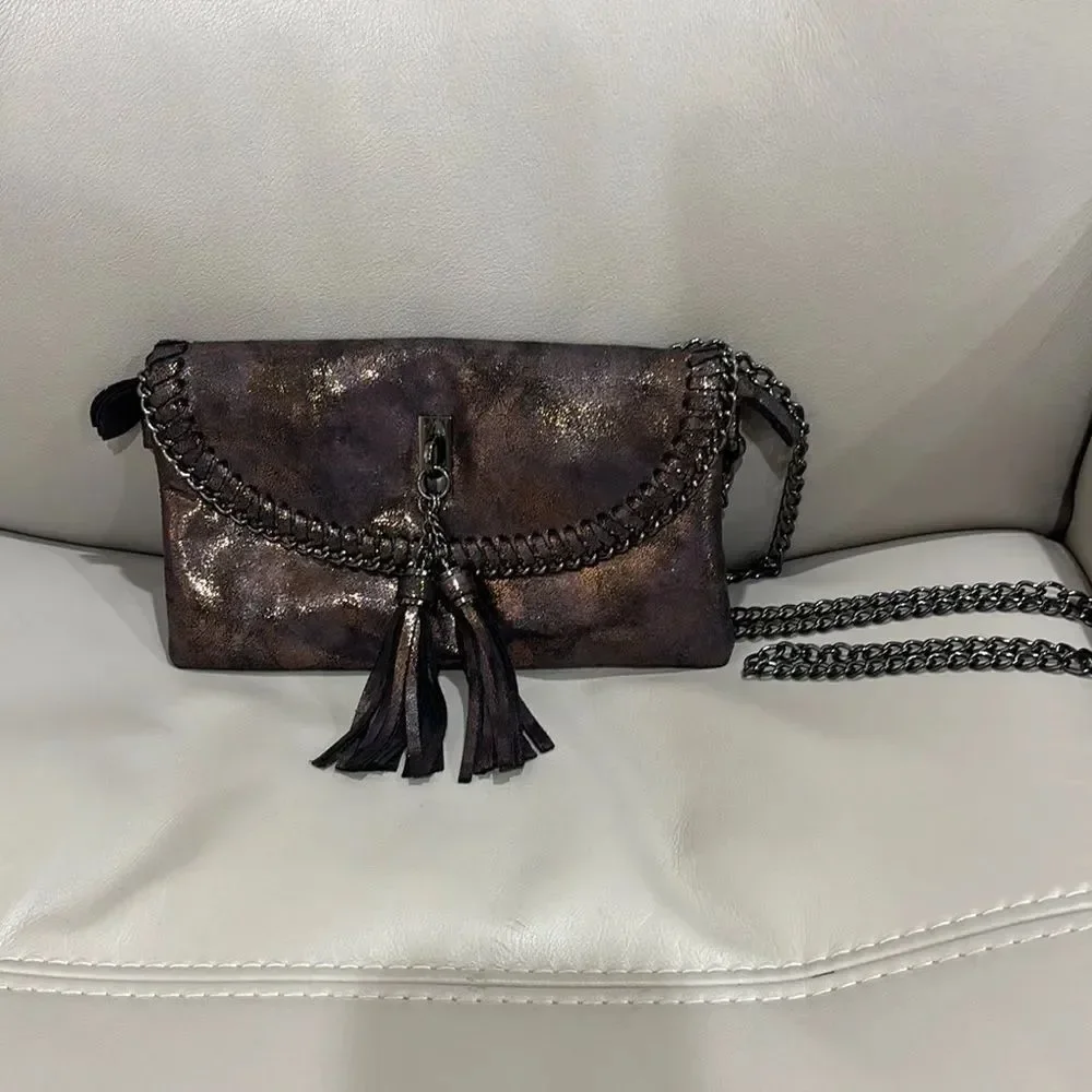 Sondra Roberts Squared Metallic Vegan Leather with Chain Crossbody