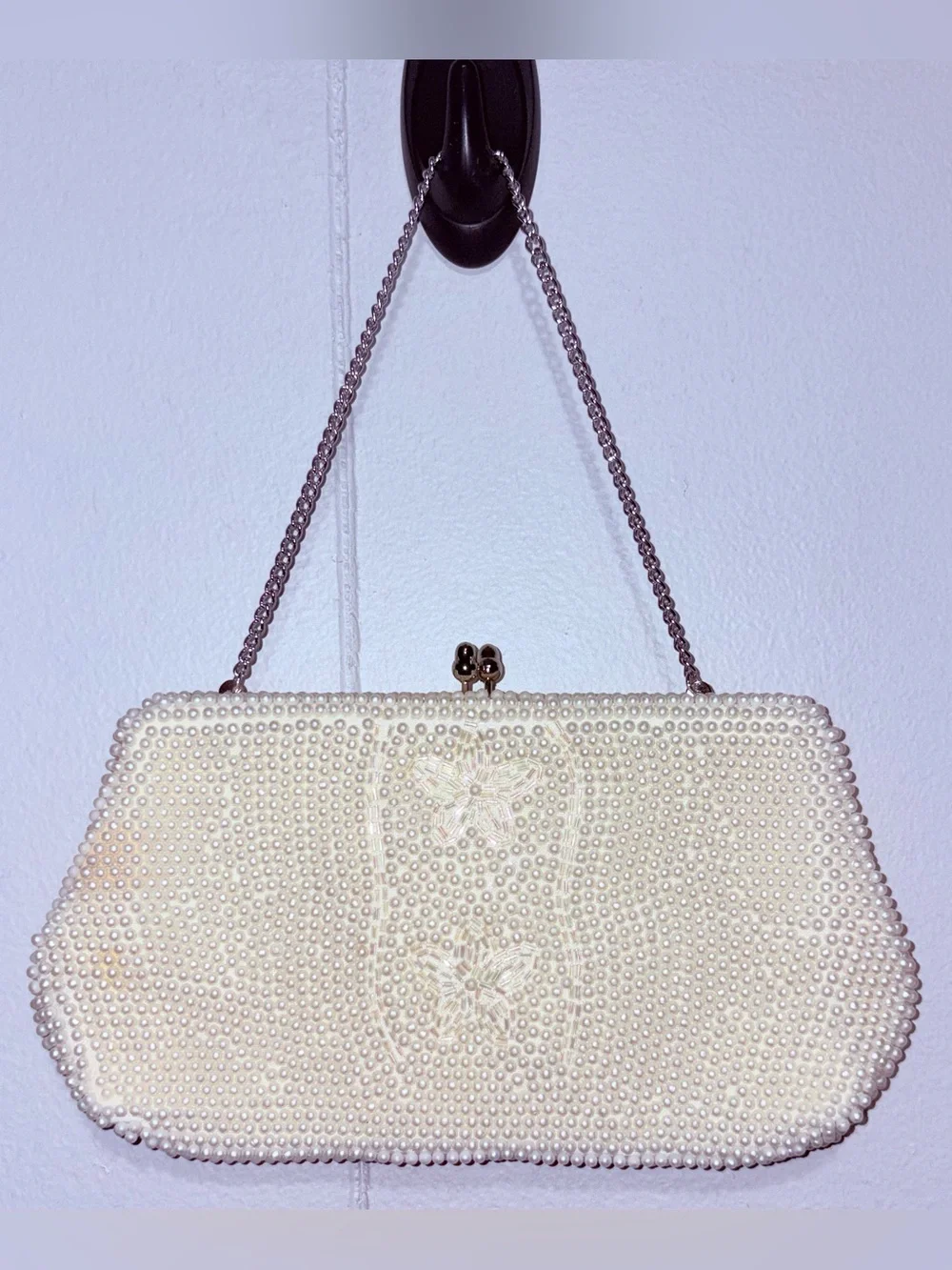 Vintage Bon Soir Ivory Beaded Evening Bag Purse Japan Italian Beads Chain