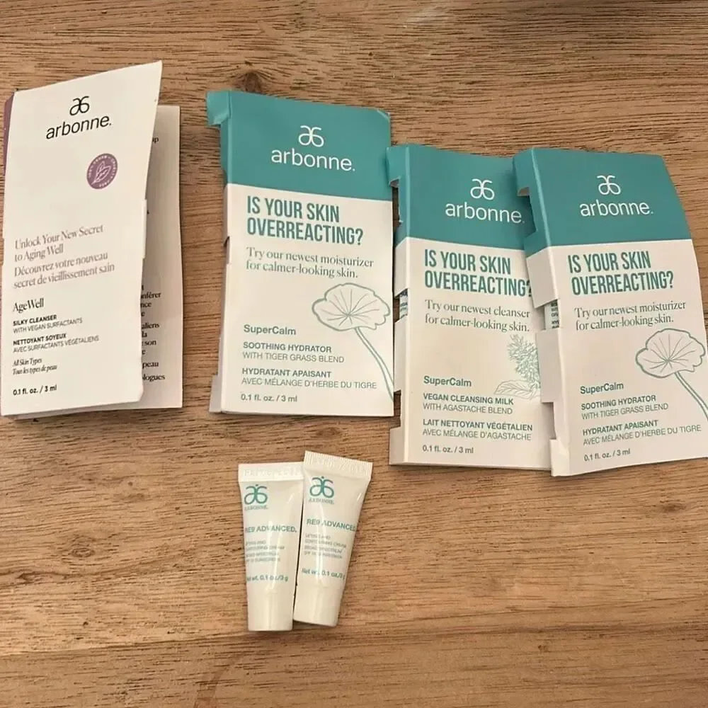 NEW arbonne 6 pcs sample set. RE9 advanced SPF 15 lifting and contour cream, sup