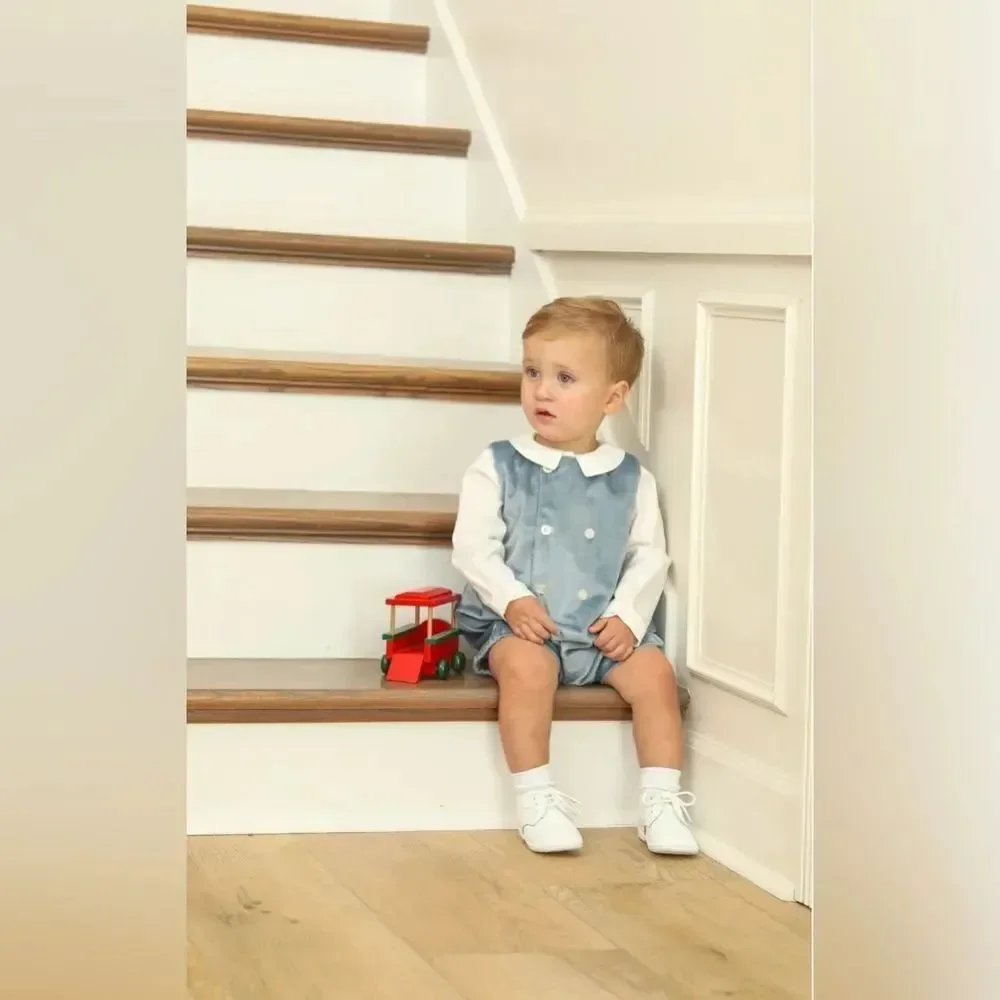 New Luli and Me Boys Blue Deluxe Velvet Romper size multiples
