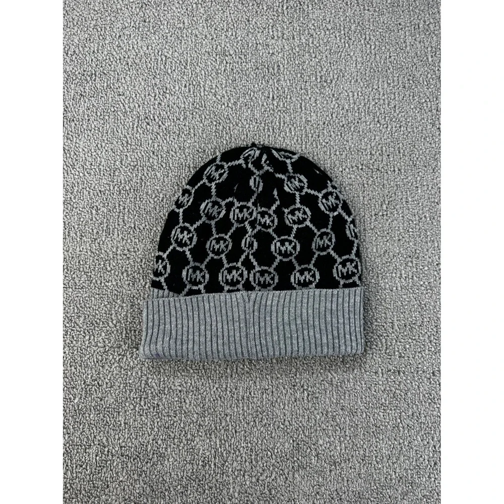 Michael Michael Kors Knit Beanie Hat Black Silver Metallic MK Monogram Logo