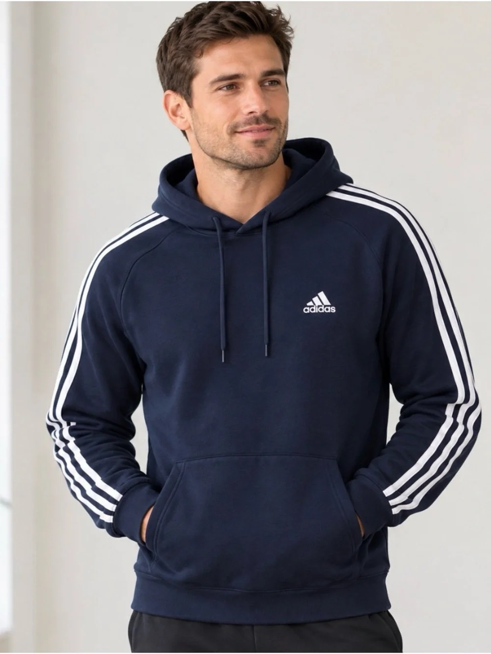 Adidas Navy Pullover Hoodie with Three-Stripe Sleeve Detail