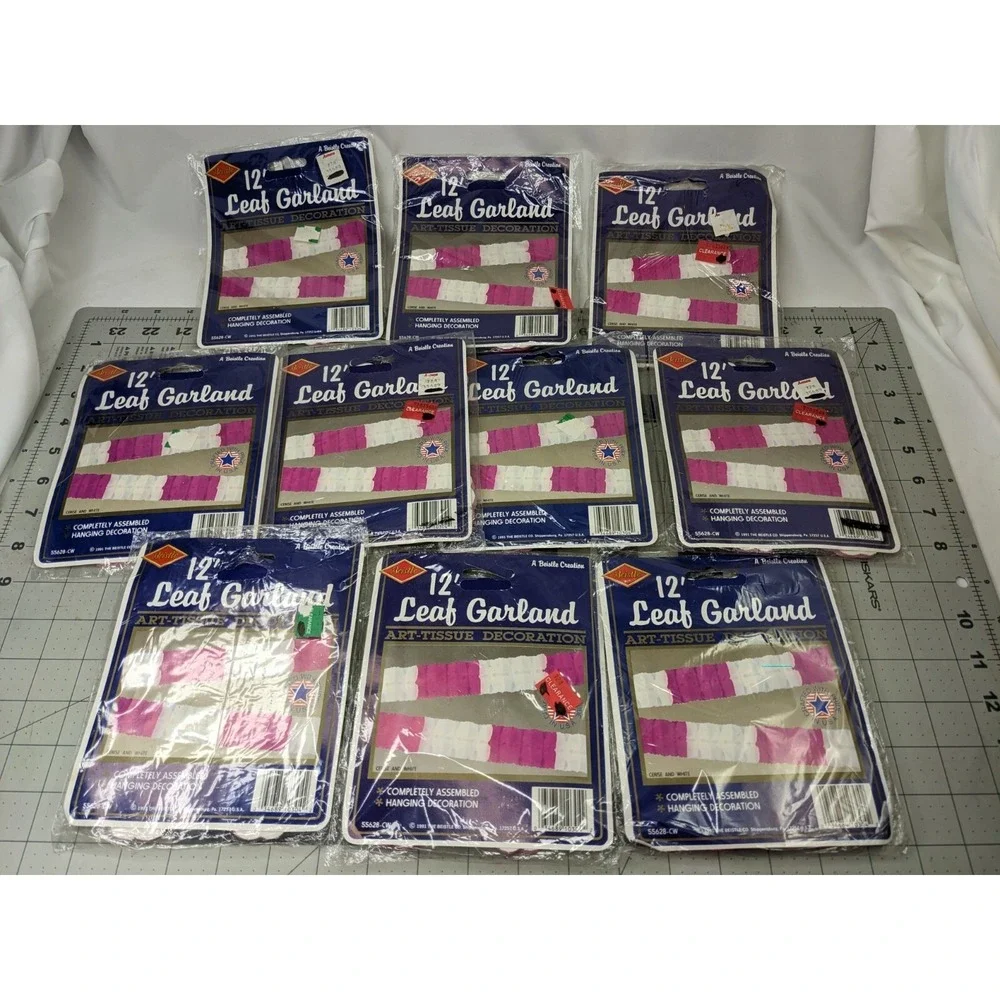 Beistle 12‎ Foot Leaf Garland Cerise White 55628 1991 Lot of 10