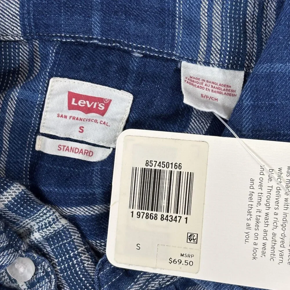 Levis Flannel Shirt Mens Small Blue Plaid Pearl Snap Button Western Standard Fit