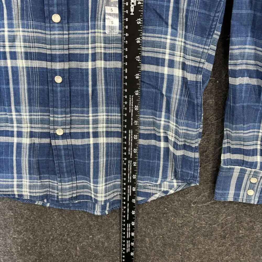 Levis Flannel Shirt Mens Small Blue Plaid Pearl Snap Button Western Standard Fit