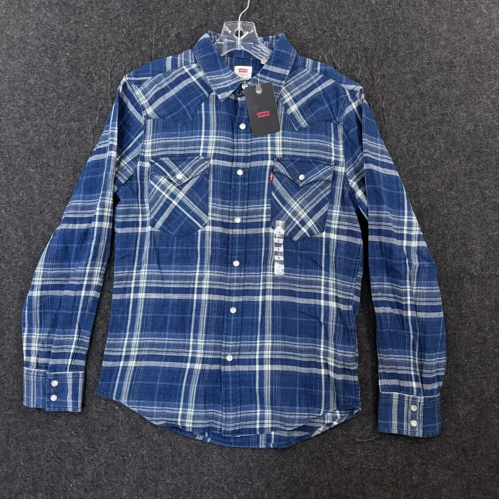 Levis Flannel Shirt Mens Small Blue Plaid Pearl Snap Button Western Standard Fit