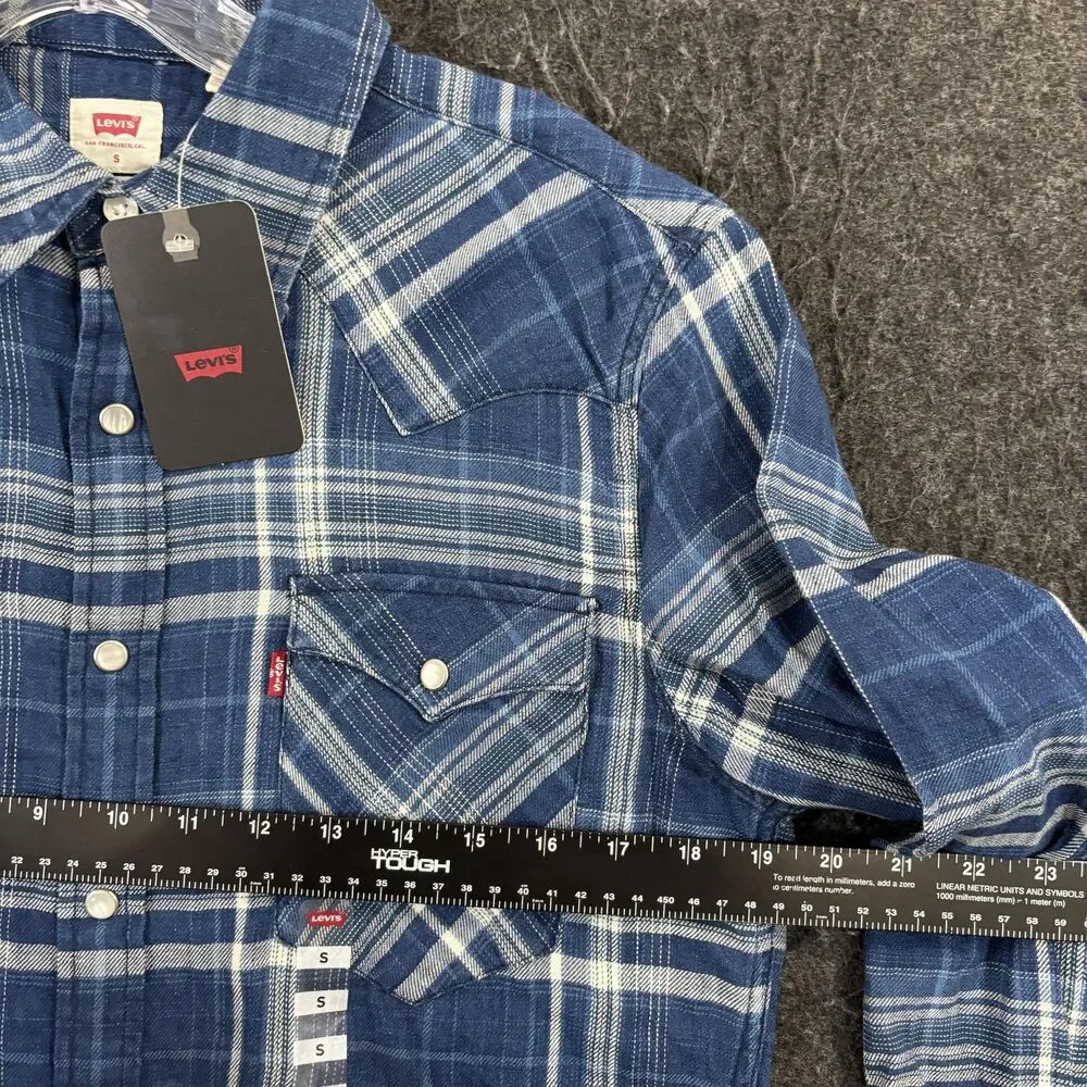 Levis Flannel Shirt Mens Small Blue Plaid Pearl Snap Button Western Standard Fit