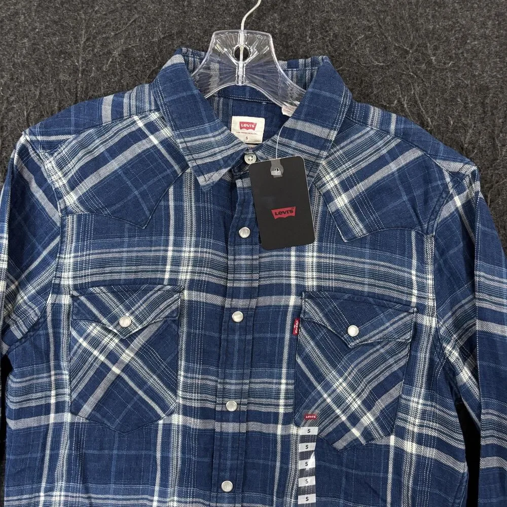 Levis Flannel Shirt Mens Small Blue Plaid Pearl Snap Button Western Standard Fit